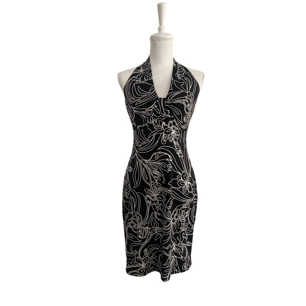 Laundry by Shelli Segal Black White Floral Halter Dress Size 4 Dark Feminine